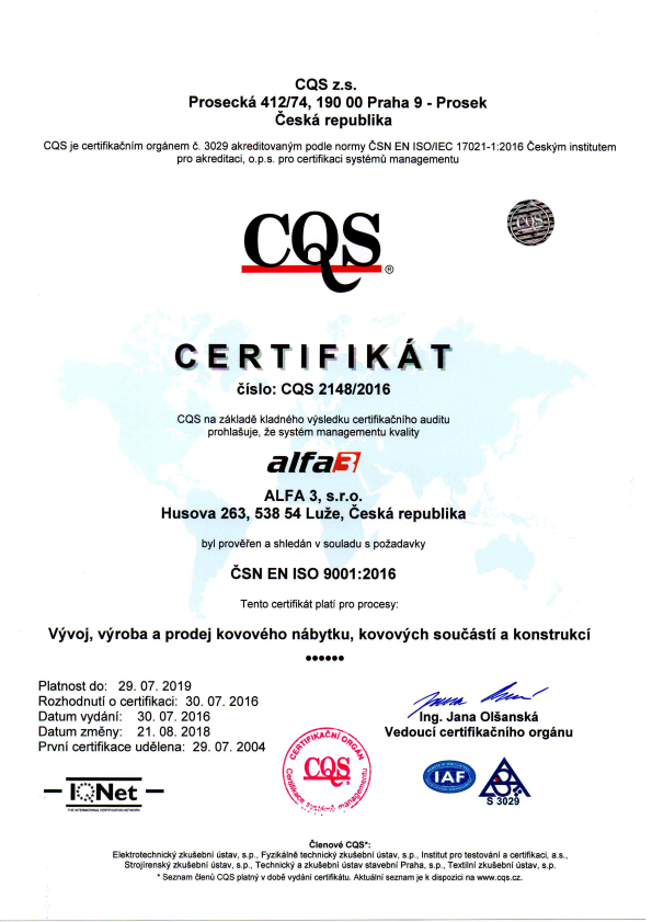 ALFA 3 - ČSN EN ISO 9001:2009 - Vývoj, výroba a prodej kovového nábytku, kovových součástí a konstrukcí